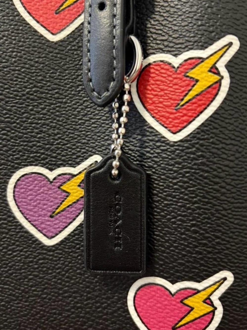 Coach Black Leather Tote with Red, Pink and Purple Heart Lightning Motifs - Picture 4 of 7